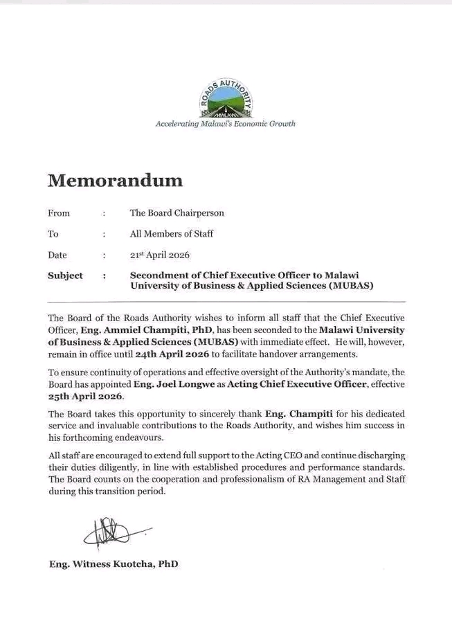 Roads Authority CEO Champati Seconded to MUBAS
