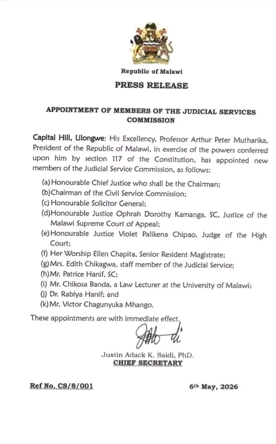 President Mutharika Appoints New Members to Judicial Service Commission